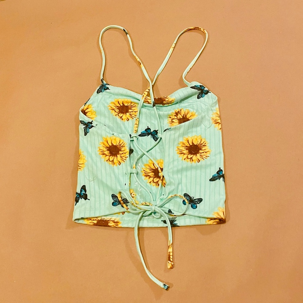 Mint Sunflower butterfly opened back crop top